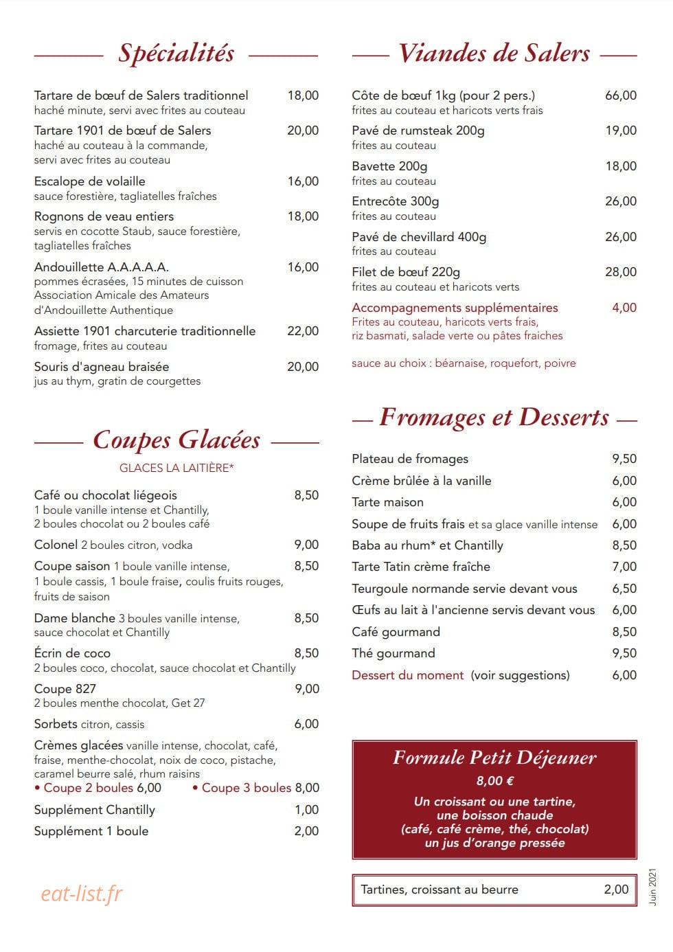 Brasserie 1901 — carte page 2