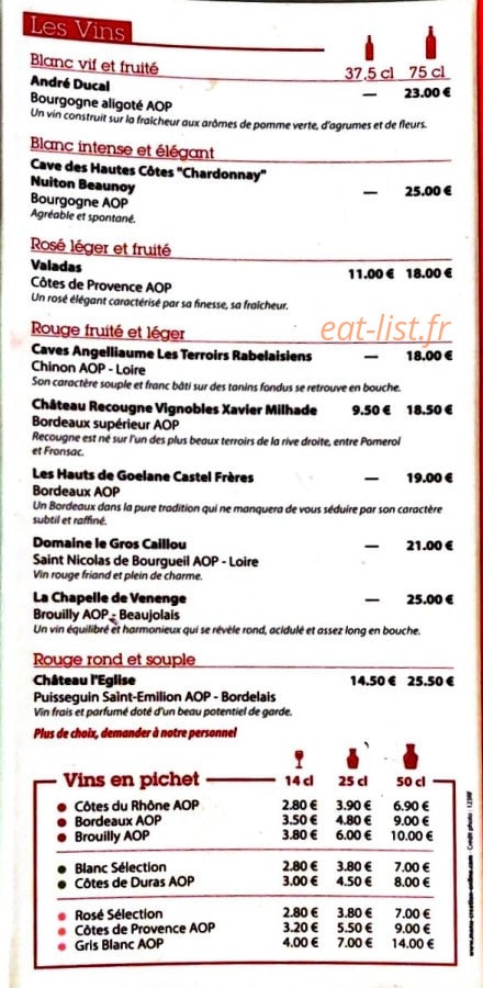 Carte et menu de Brasserie Les Fontaines à Noisy le Grand — Les vins