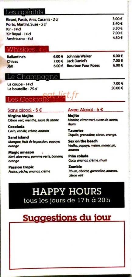 Carte et menu de Brasserie Les Fontaines à Noisy le Grand — Les apéritifs, cocktails, ...