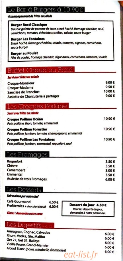 Carte et menu de Brasserie Les Fontaines à Noisy le Grand — Les burgers, fromages, ...