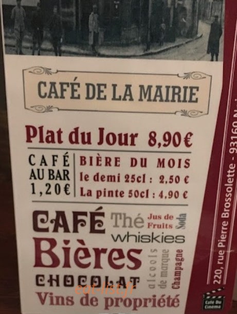 Carte et menu de Café brasserie de la mairie à Noisy le Grand — La carte
