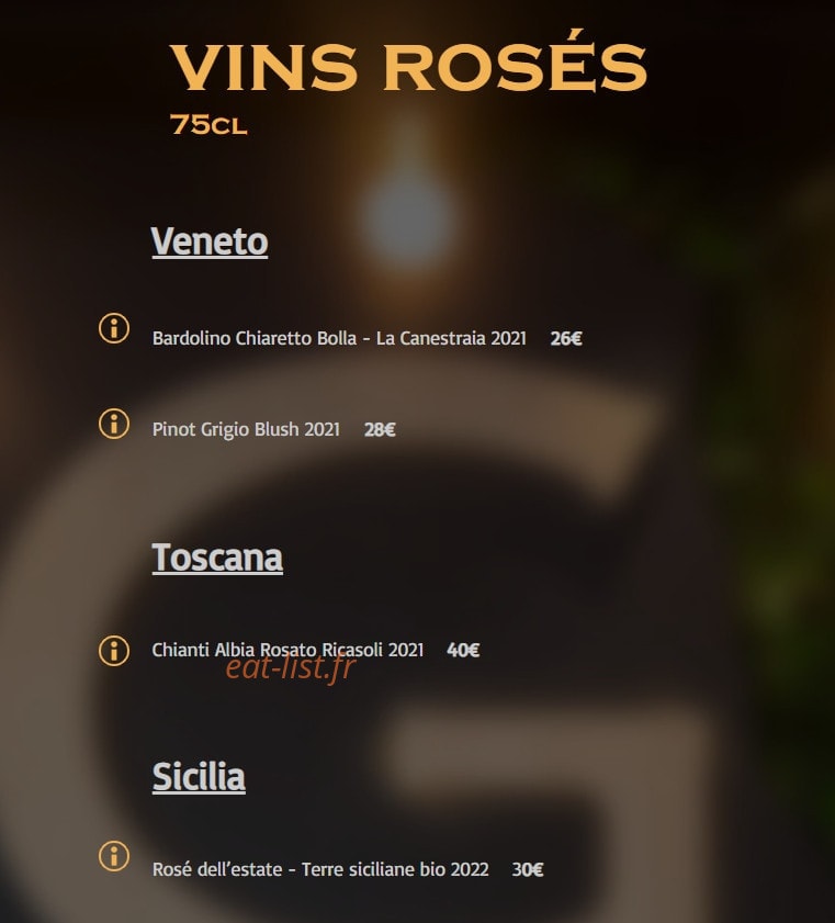 Carte et menu de Graziella à Noisy le Grand — Les vins rosés