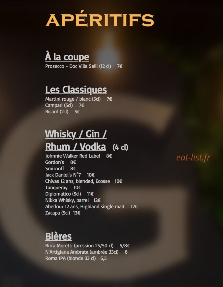 Carte et menu de Graziella à Noisy le Grand — Les apéritifs