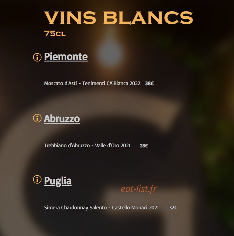 Carte et menu de Graziella à Noisy le Grand — Les vins blancs