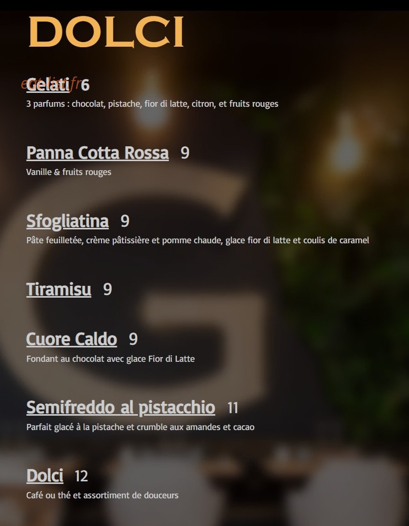 Carte et menu de Graziella à Noisy le Grand — Les desserts