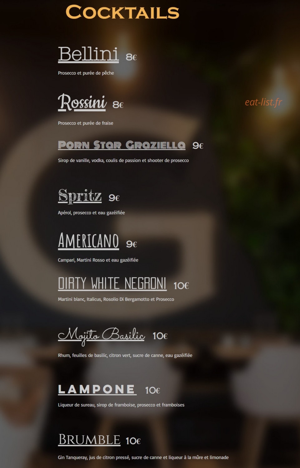 Carte et menu de Graziella à Noisy le Grand — Les cocktails