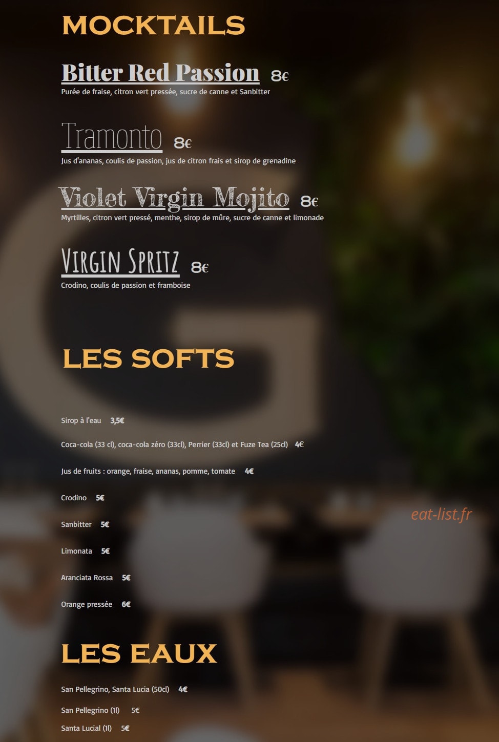 Carte et menu de Graziella à Noisy le Grand — Les mocktails, softs et eaux