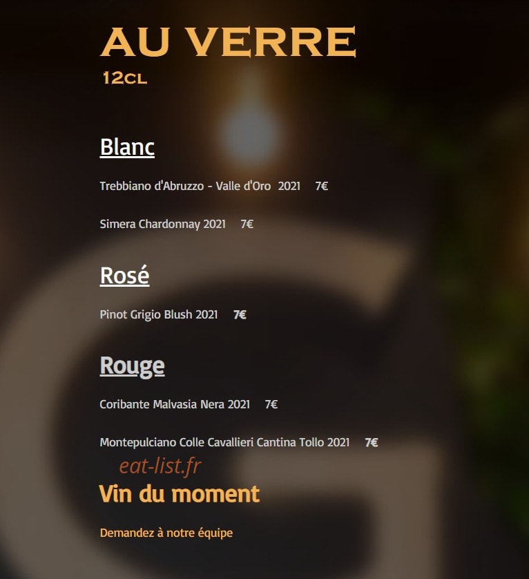 Carte et menu de Graziella à Noisy le Grand — Les vins au verre