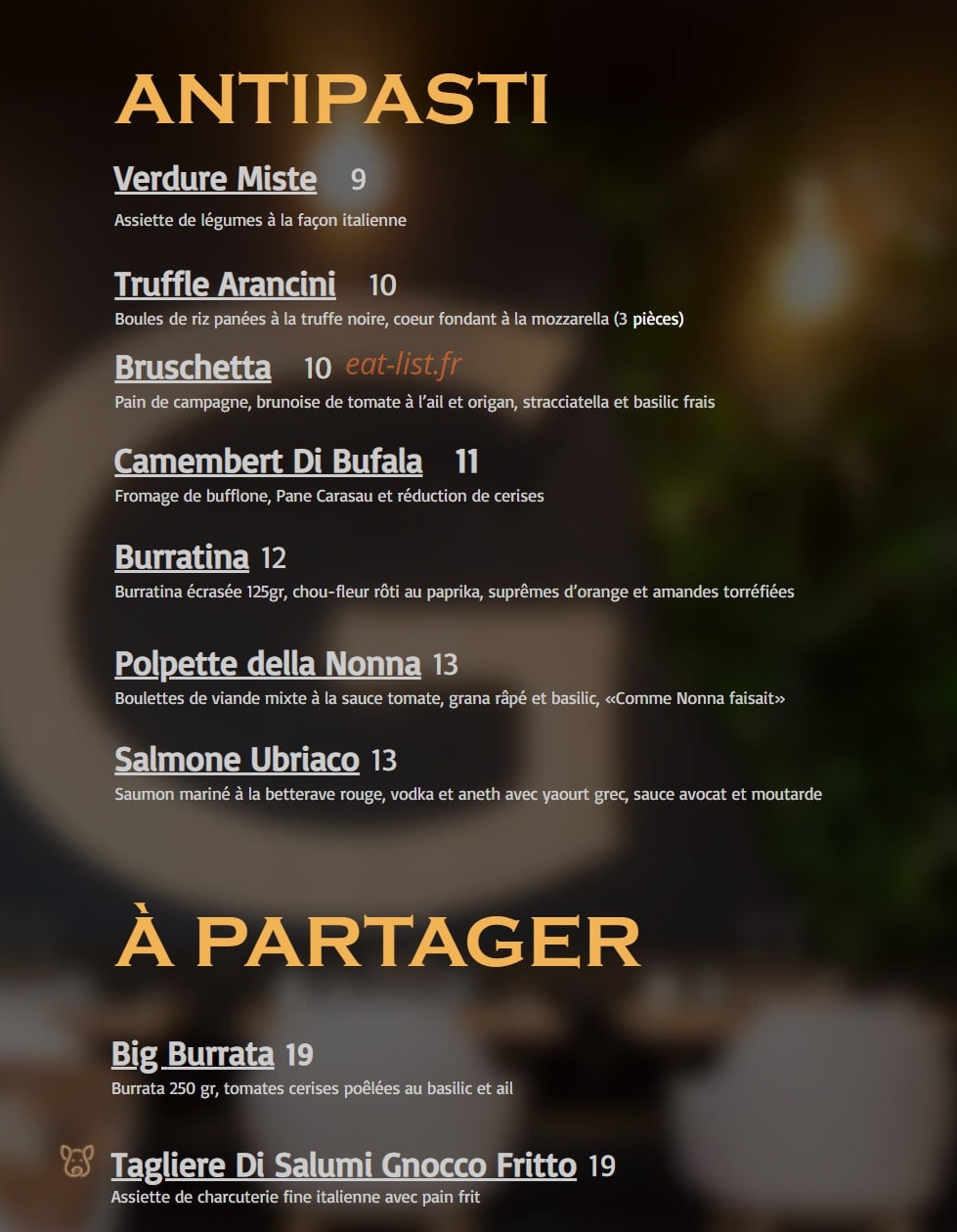 Carte et menu de Graziella à Noisy le Grand — Les entrées