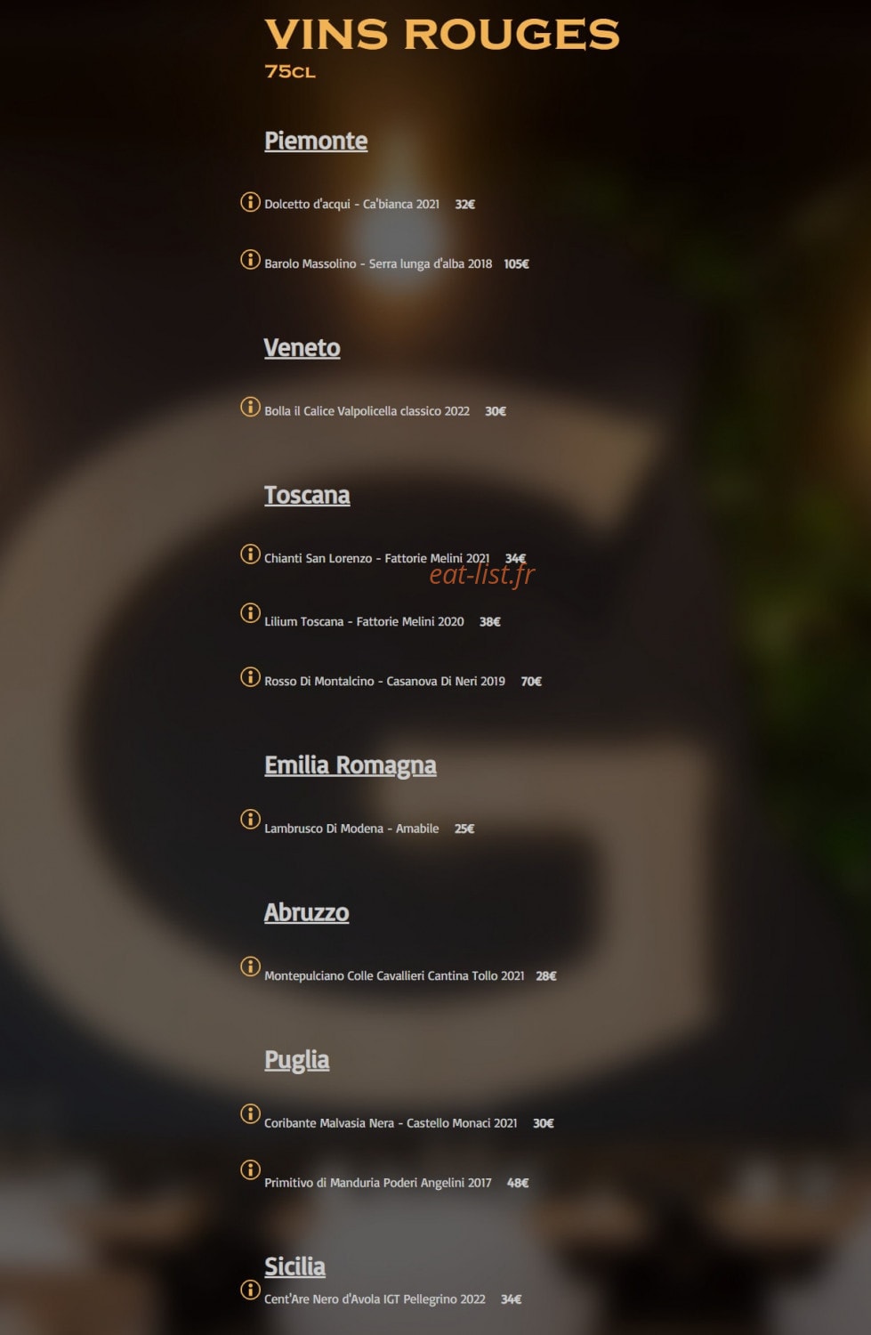 Carte et menu de Graziella à Noisy le Grand — Les vins rouges