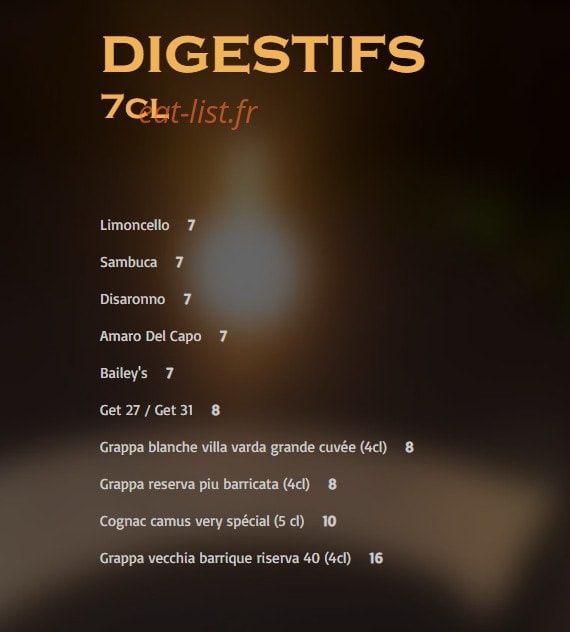 Carte et menu de Graziella à Noisy le Grand — Les digestifs