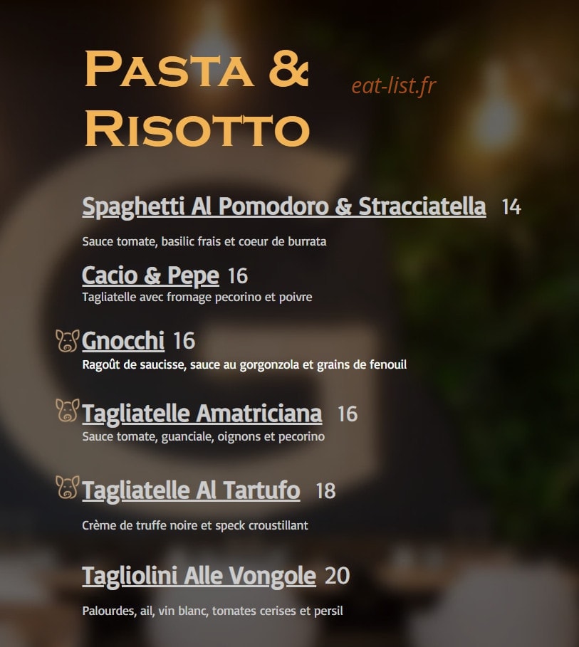 Carte et menu de Graziella à Noisy le Grand — Les pates et risotto