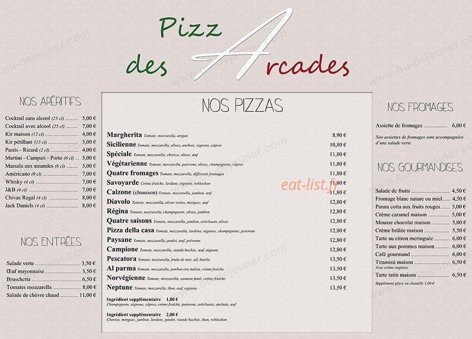 Pizza Des Arcades — carte page 1
