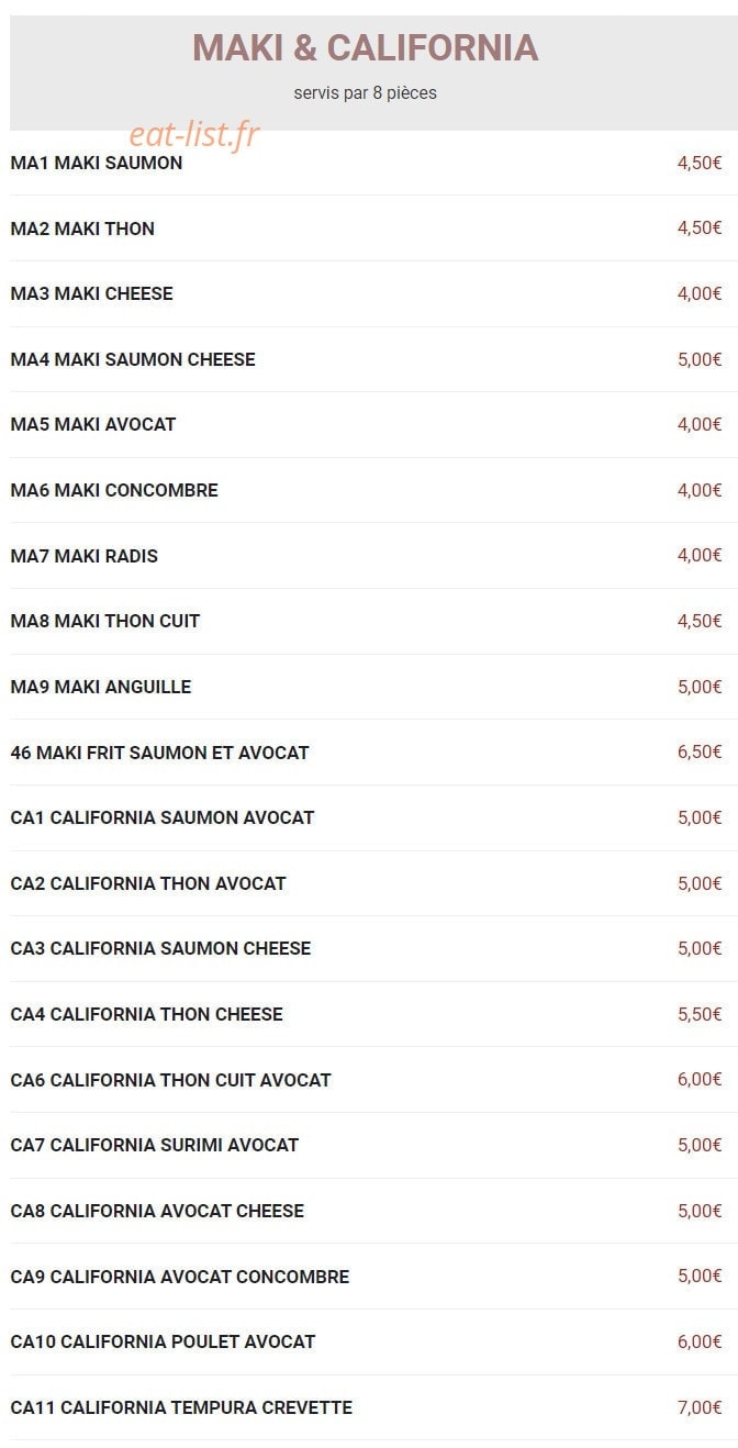 Carte et menu de New Toma Sushi à Bagnolet — Maki et california