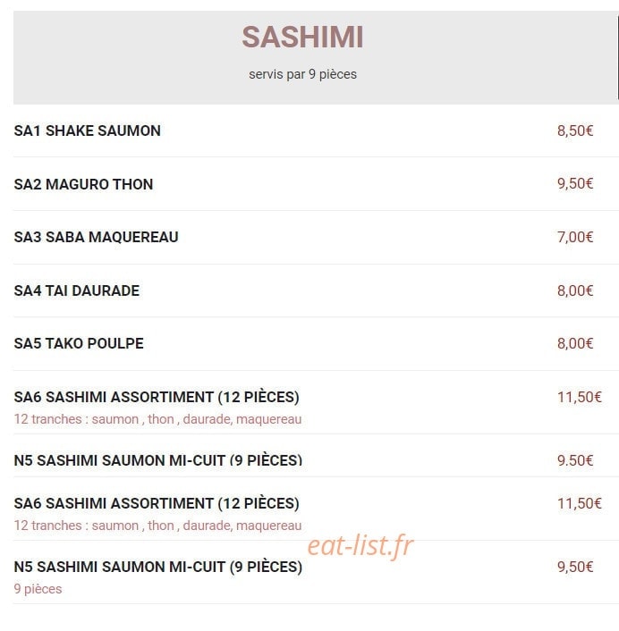 Carte et menu de New Toma Sushi à Bagnolet — Sashimi