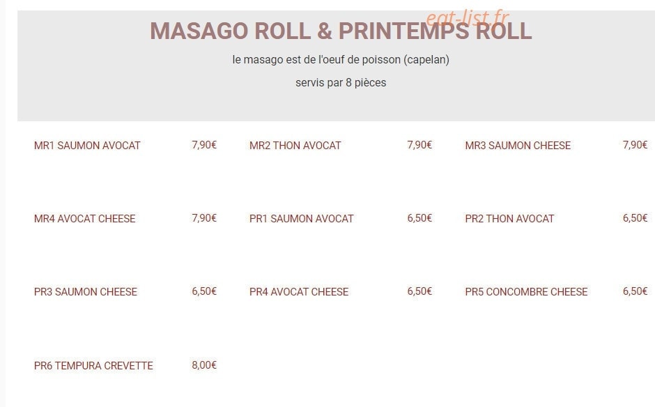 Carte et menu de New Toma Sushi à Bagnolet — Masago roll et printemps