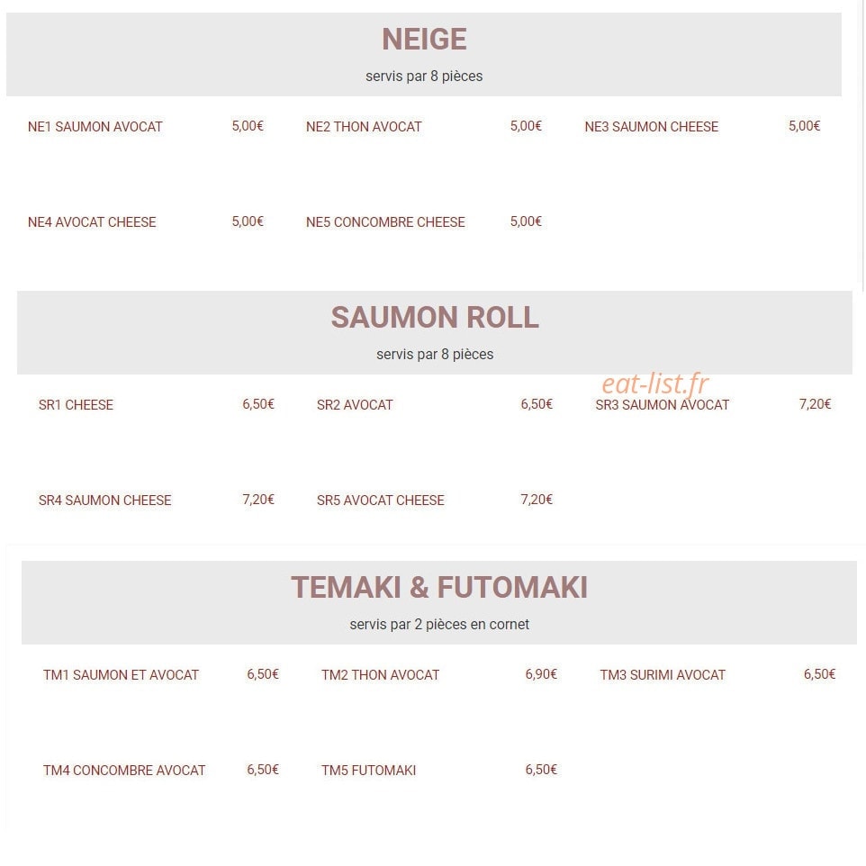 Carte et menu de New Toma Sushi à Bagnolet — Neige, saumon roll et temaki, futomaki