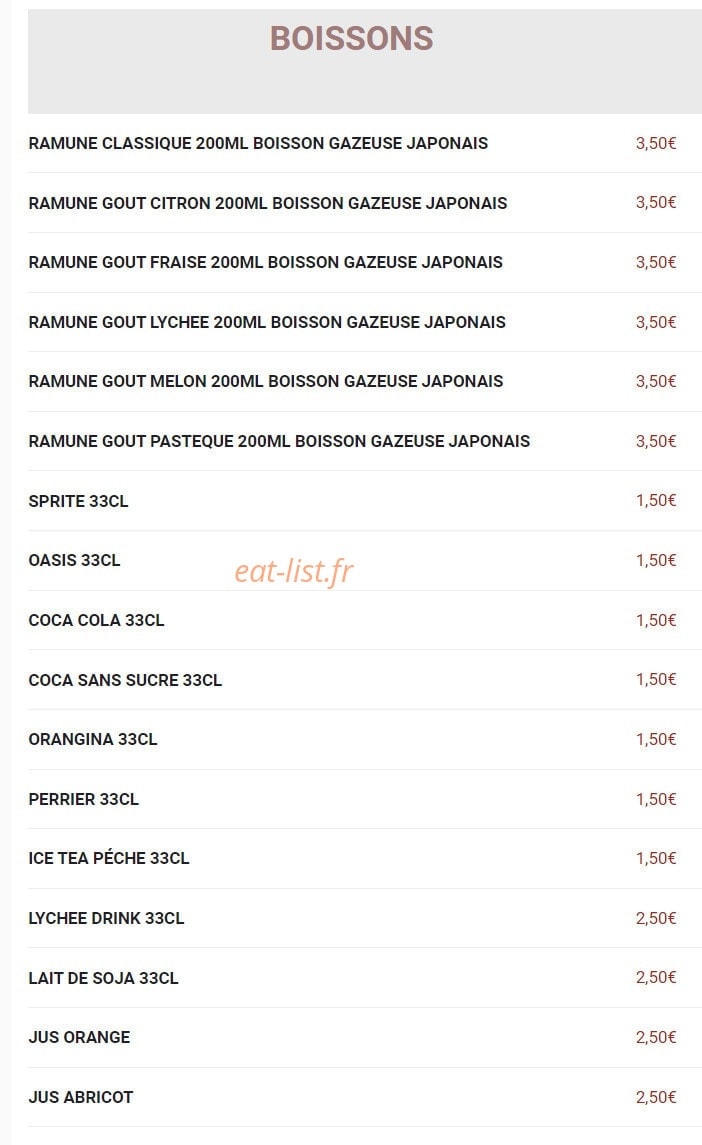 Carte et menu de New Toma Sushi à Bagnolet — Boissons