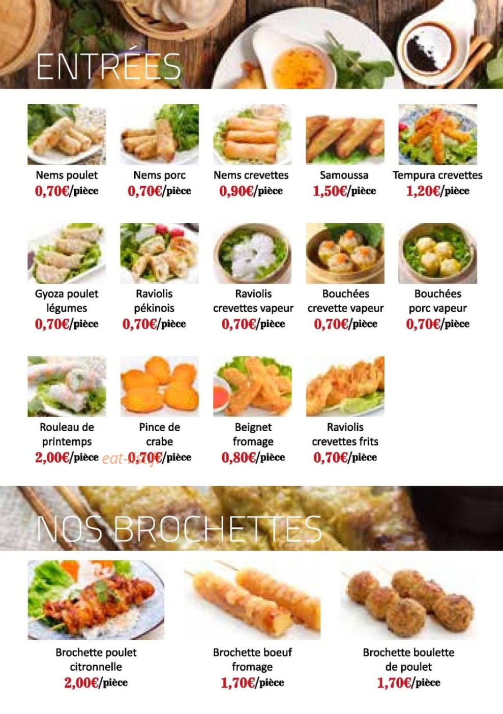 Carte et menu de Fantasia Livry-Gargan à Livry Gargan — Les entrées