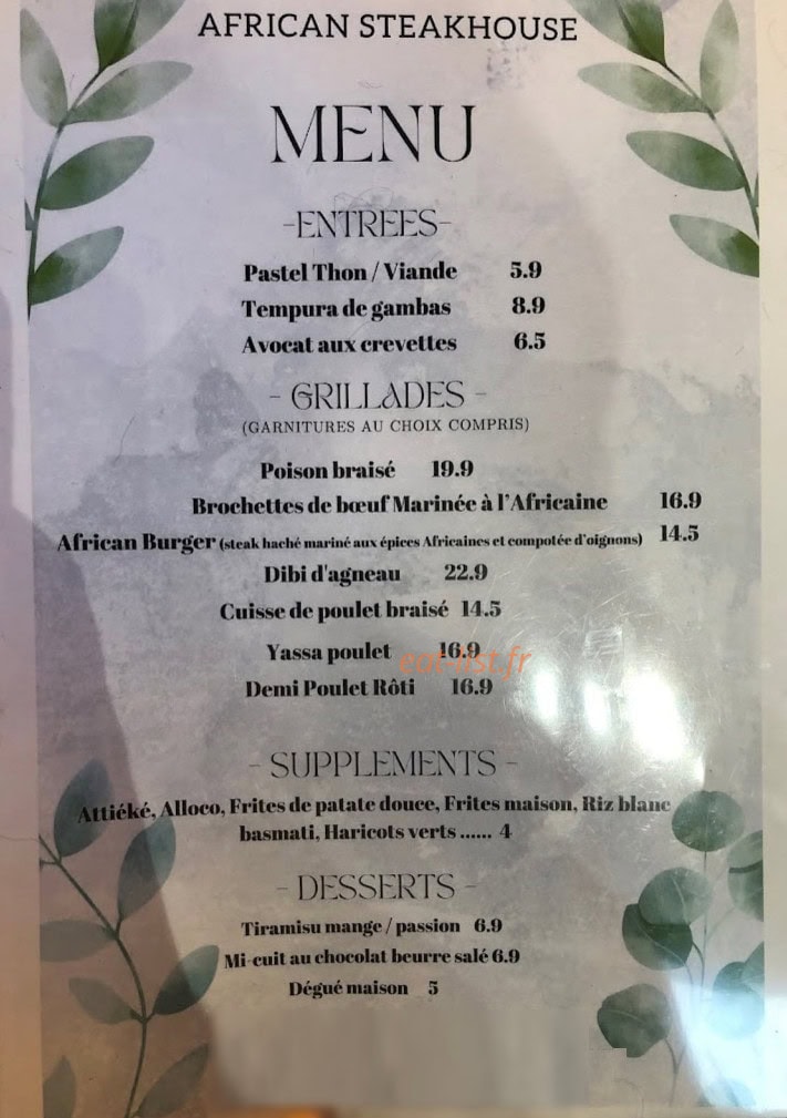 African Steak House — carte page 1