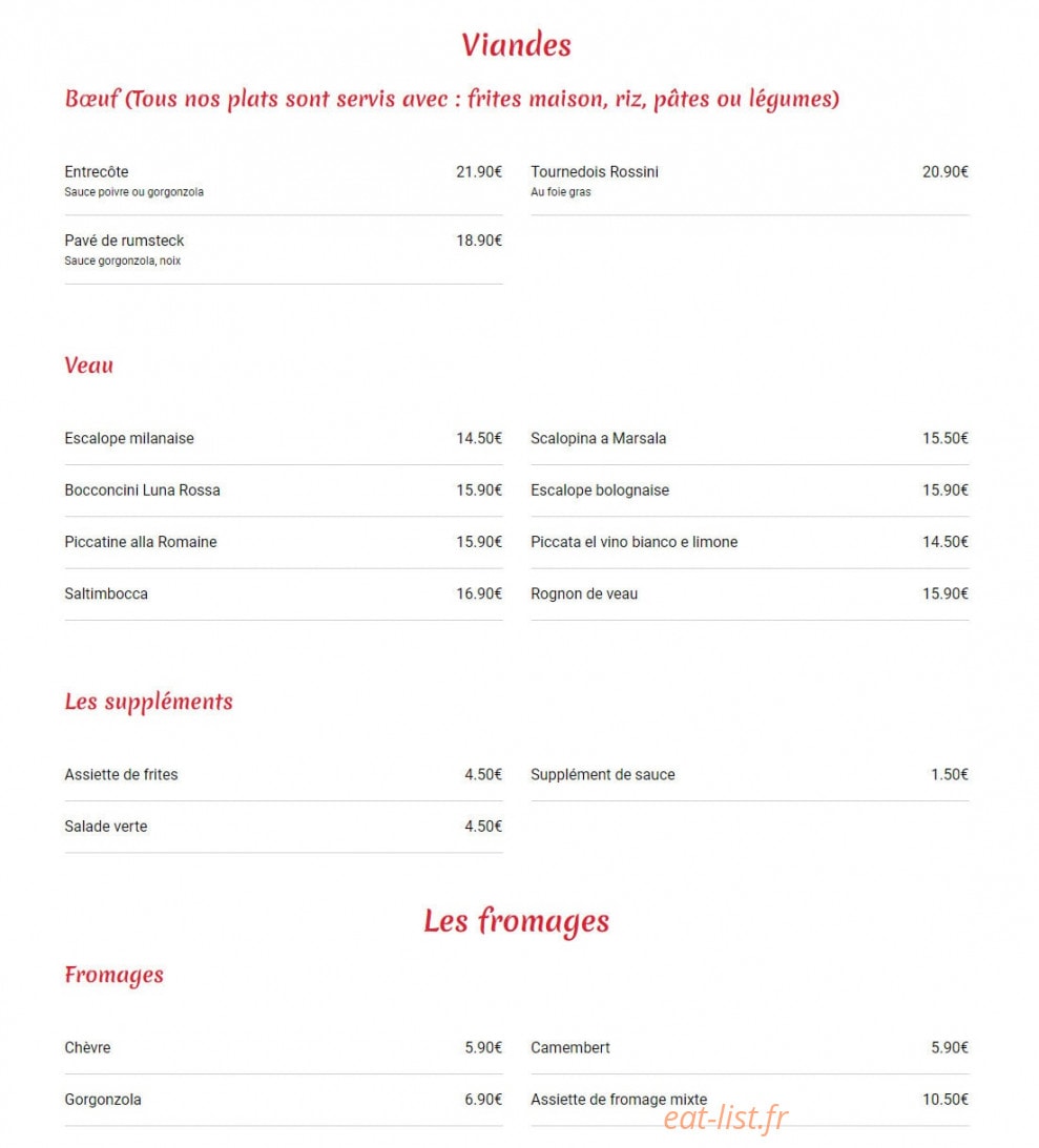 Carte et menu de Pizzeria Ritorante Luna Rossa à Romainville — Les viandes et fromages