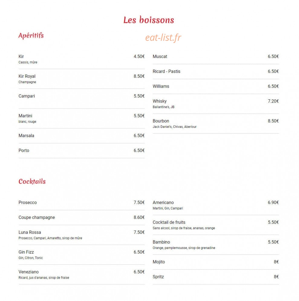 Carte et menu de Pizzeria Ritorante Luna Rossa à Romainville — Les boissons