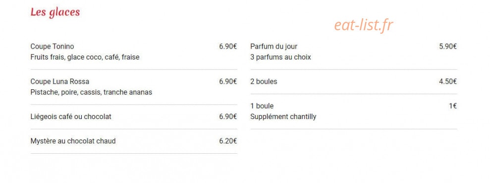 Carte et menu de Pizzeria Ritorante Luna Rossa à Romainville — Les glaces