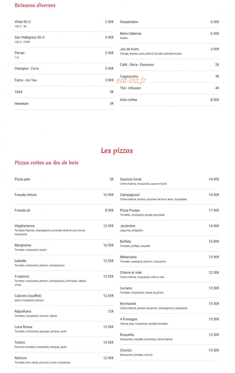 Carte et menu de Pizzeria Ritorante Luna Rossa à Romainville — Les boissons et pizzas
