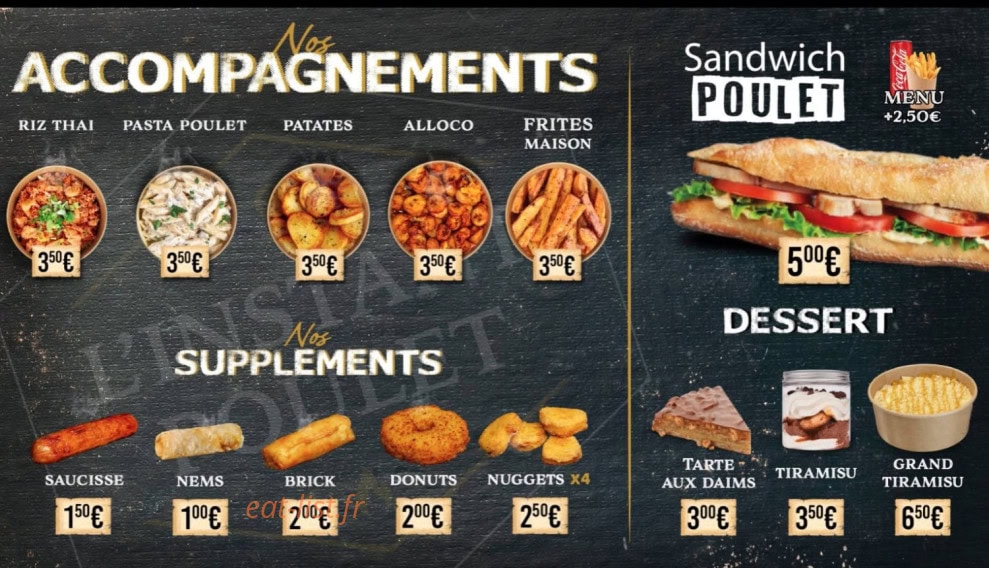 Carte et menu de L'instant Poulet à Villemomble — Les accompagnements et desserts