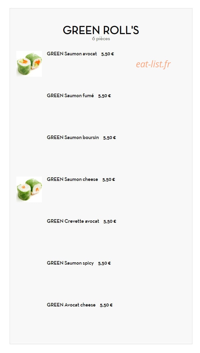 Carte et menu de Les délices du bonheur à Villemomble — Les green roll's