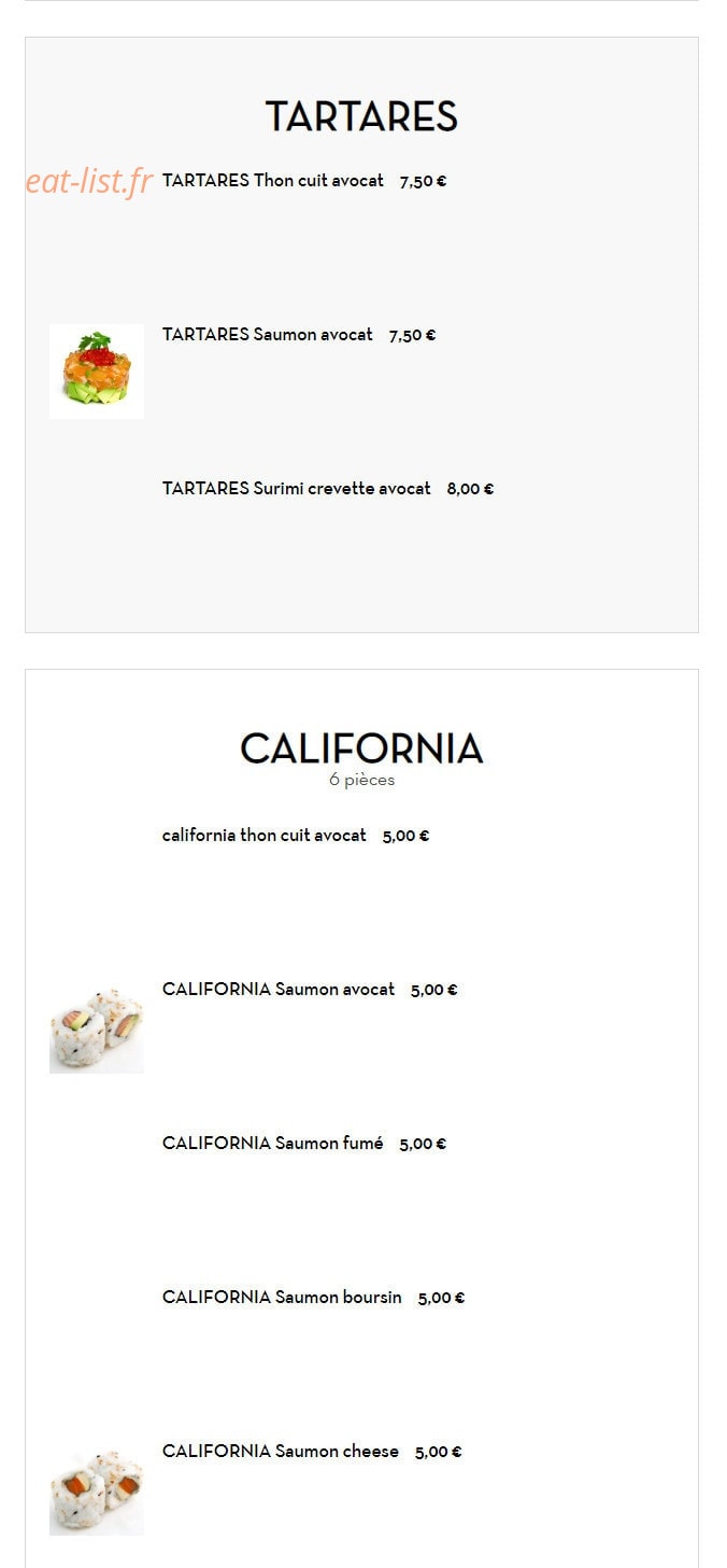 Carte et menu de Les délices du bonheur à Villemomble — Les tartares et californias