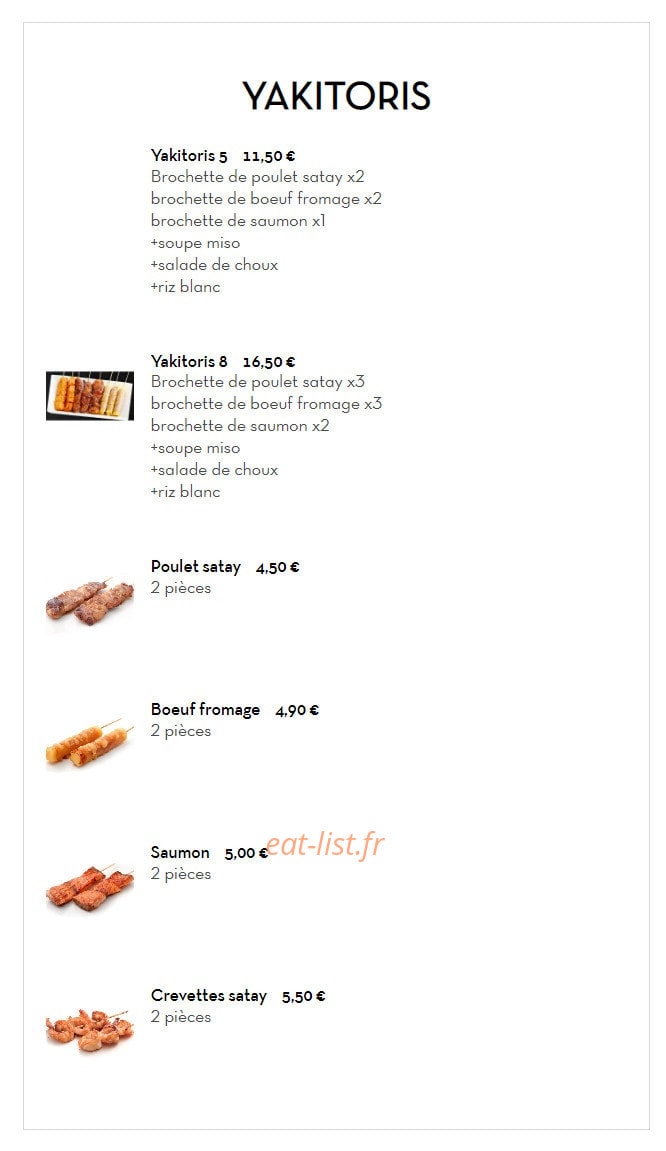 Carte et menu de Les délices du bonheur à Villemomble — Les yakitoris