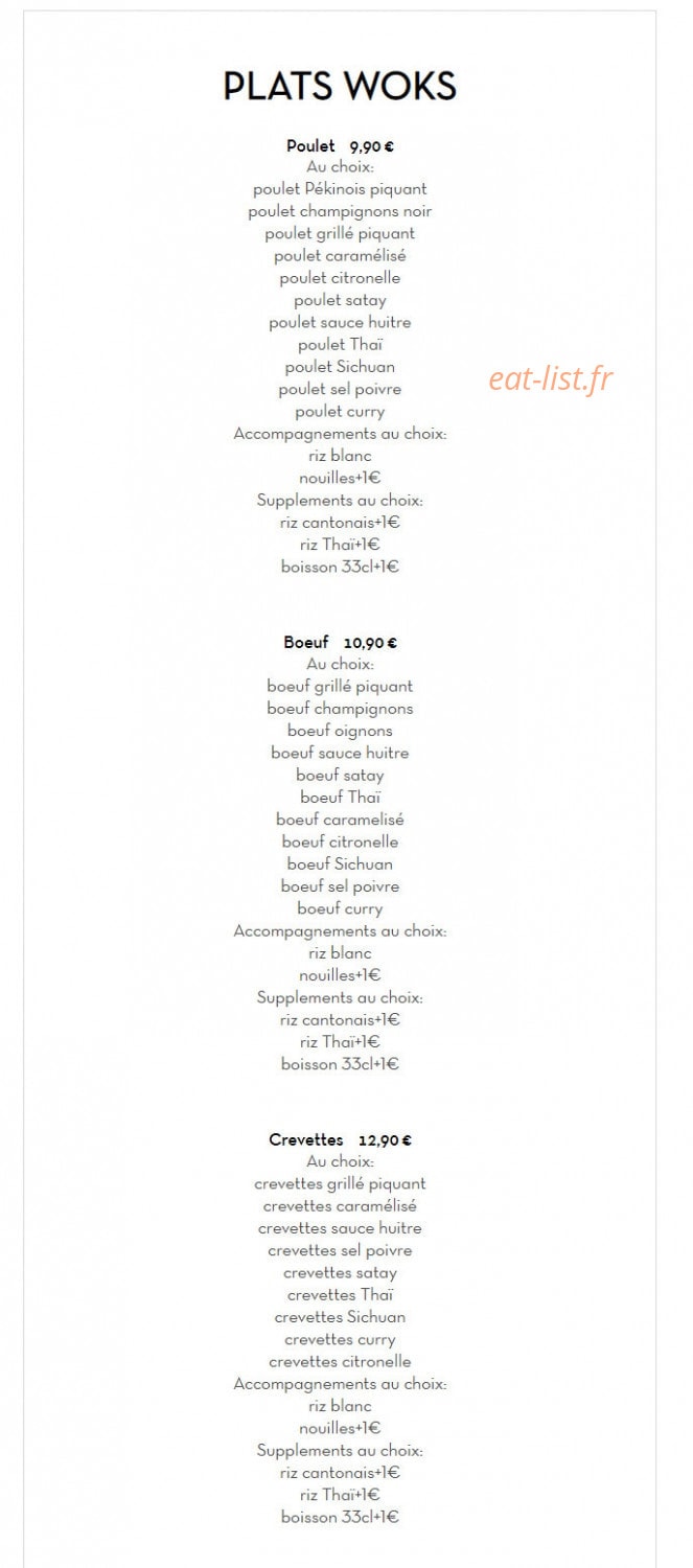 Carte et menu de Les délices du bonheur à Villemomble — Les plats woks