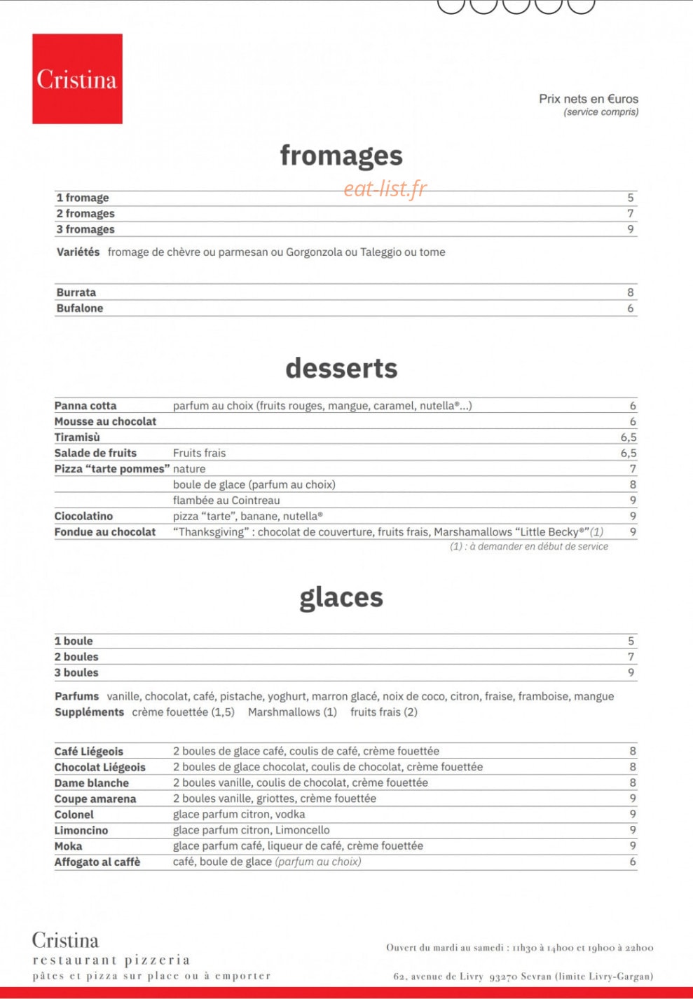 Cristina Pizzeria — carte page 5
