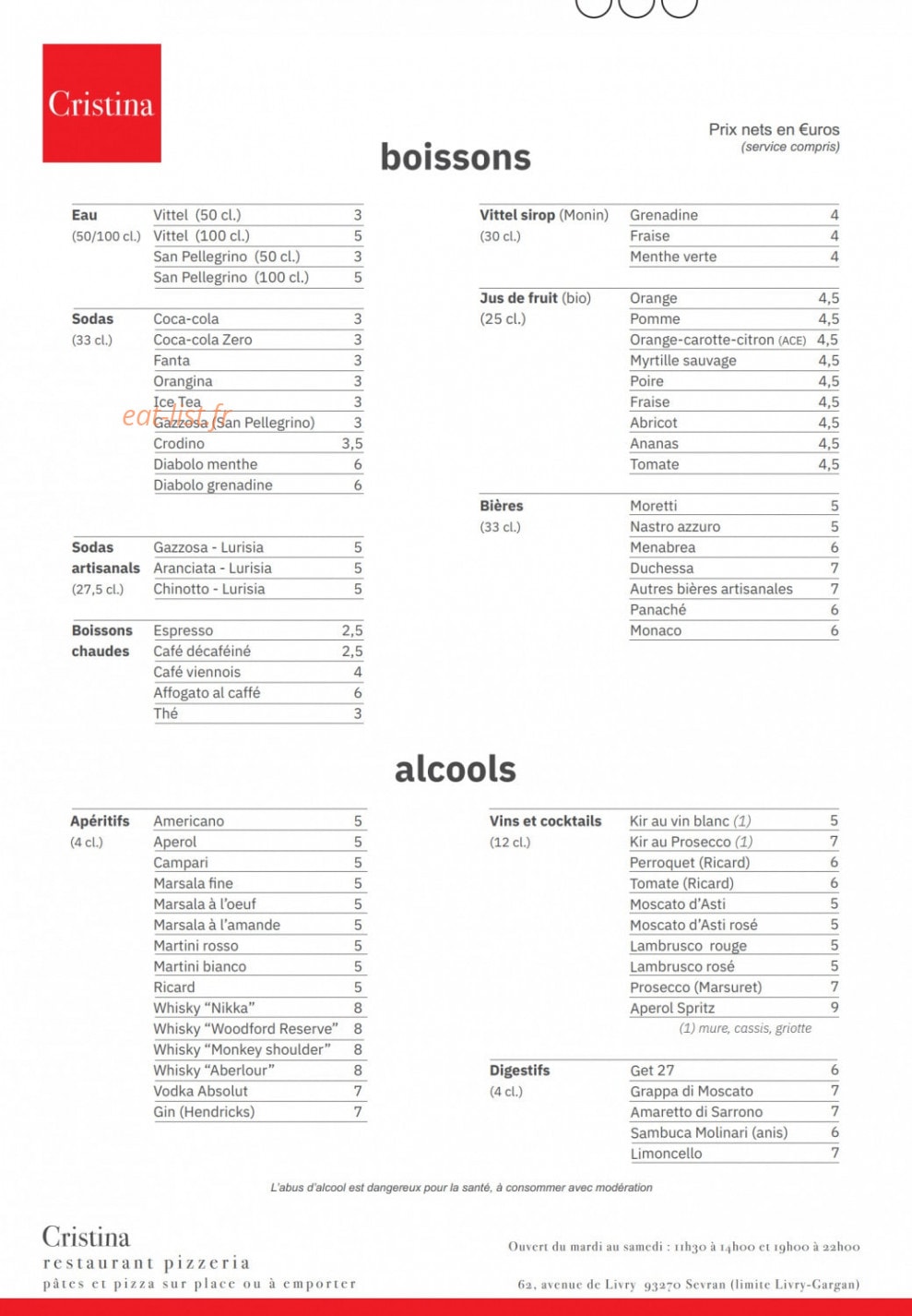 Cristina Pizzeria — carte page 3