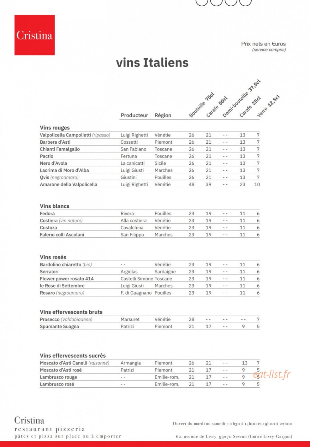 Cristina Pizzeria — carte page 4