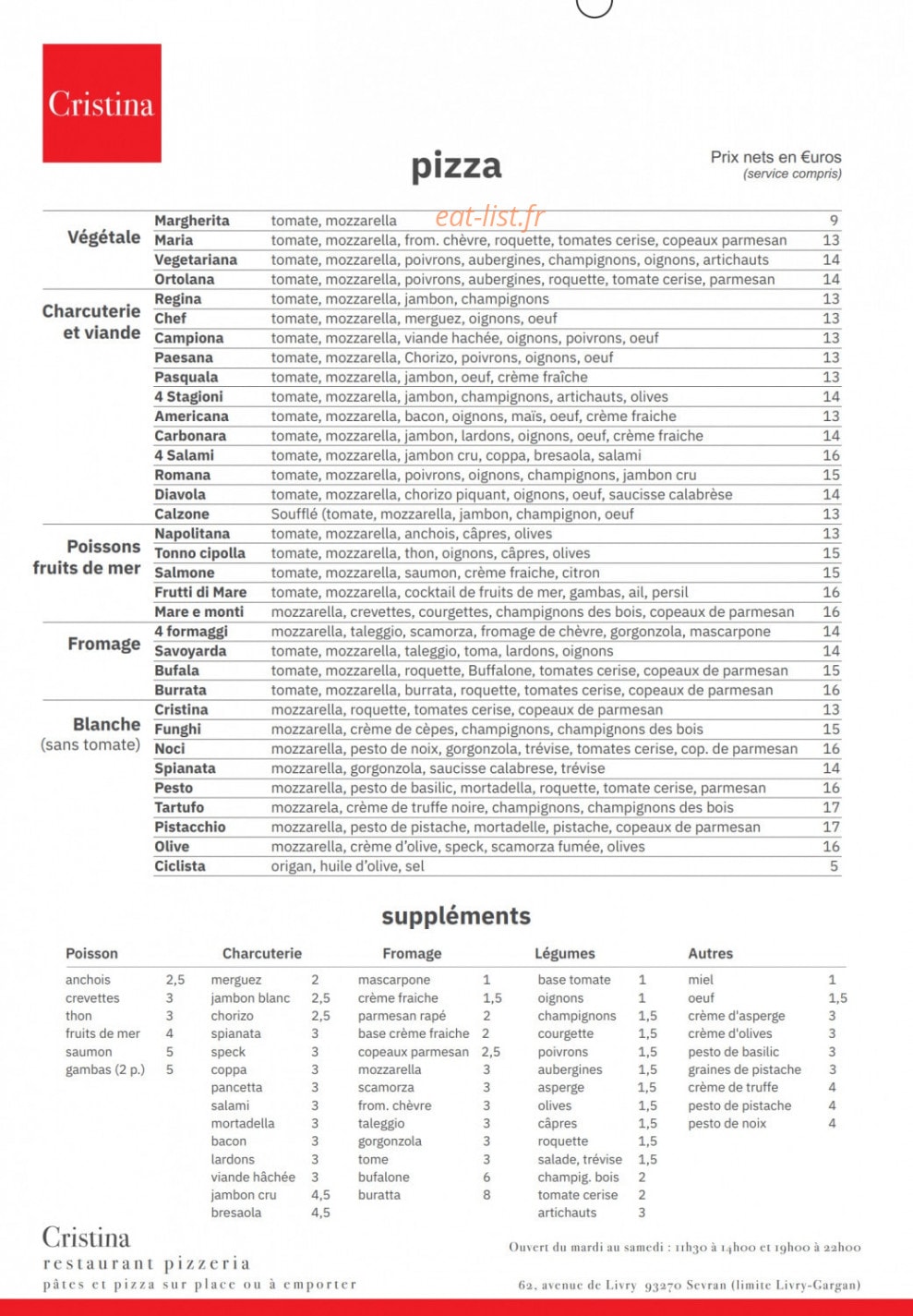 Cristina Pizzeria — carte page 1