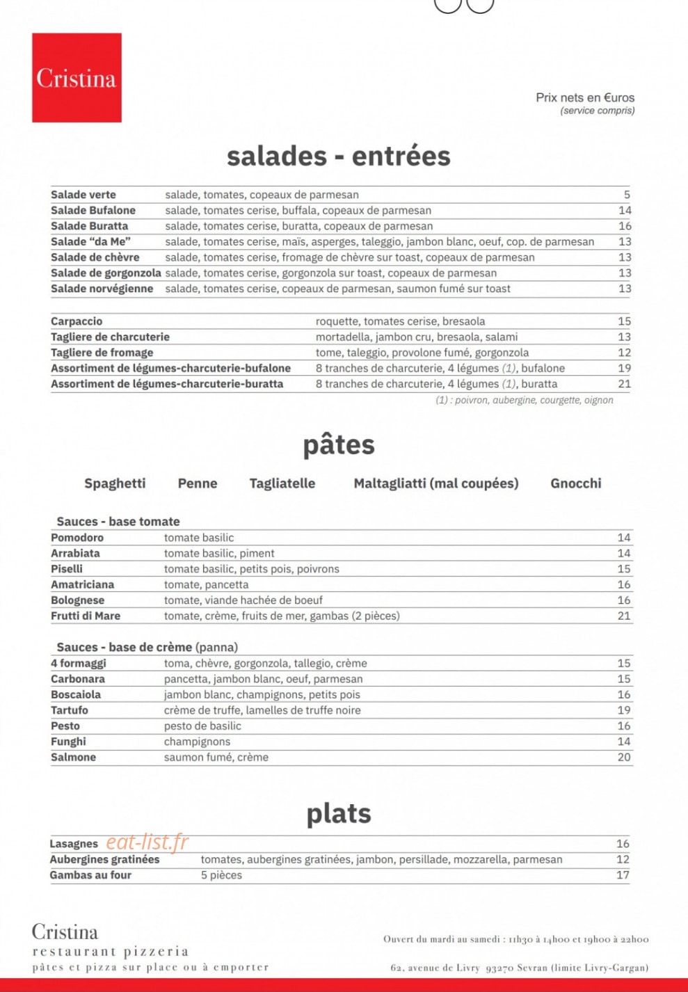 Cristina Pizzeria — carte page 2