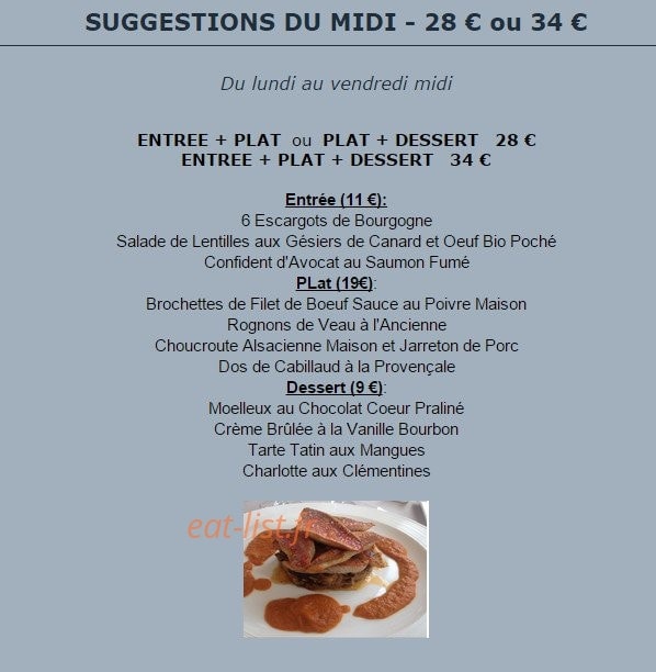 Carte et menu de Auberge du Château Bleu à Tremblay en France — Les suggestions du midi