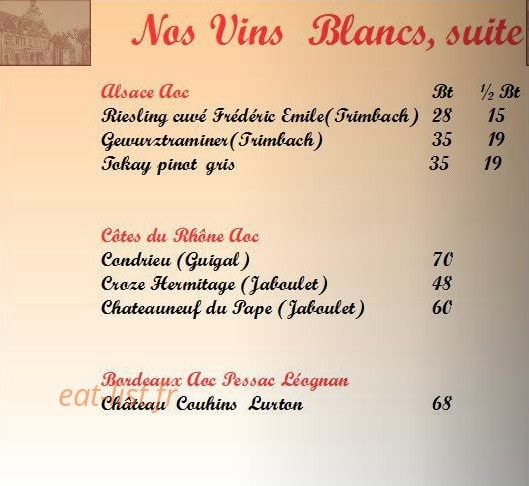 Carte et menu de Auberge du Tourlourou à Tremblay en France — Les vins blancs suite