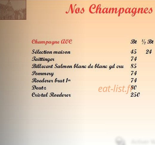 Carte et menu de Auberge du Tourlourou à Tremblay en France — Les champagnes