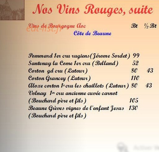 Carte et menu de Auberge du Tourlourou à Tremblay en France — Les vins rouges de Bourgogne suite