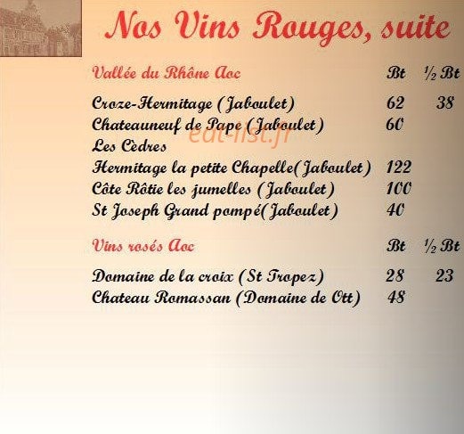Carte et menu de Auberge du Tourlourou à Tremblay en France — Les vins rouges de la vallée du Rhône et vins rosés