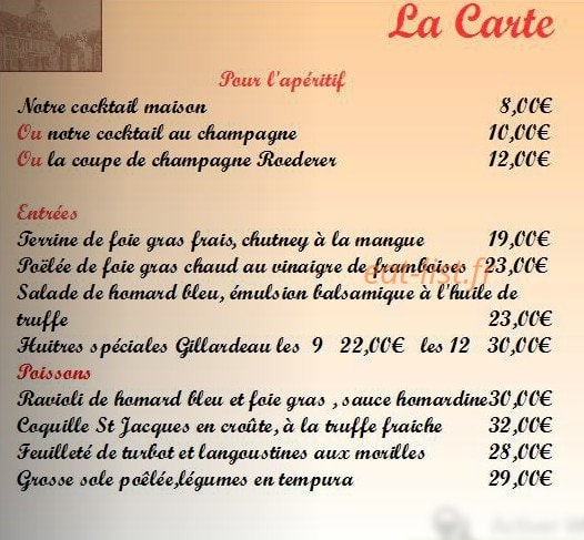 Carte et menu de Auberge du Tourlourou à Tremblay en France — Les apéritifs, les entrées et poissons