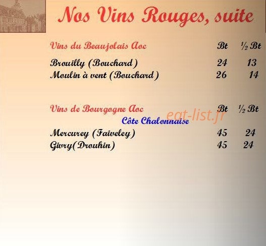 Carte et menu de Auberge du Tourlourou à Tremblay en France — Les vins rouges du Beaujolais et de Bourgogne