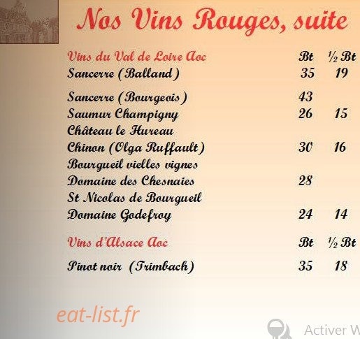 Carte et menu de Auberge du Tourlourou à Tremblay en France — Les vins rouges du Val de Loire et Alsace