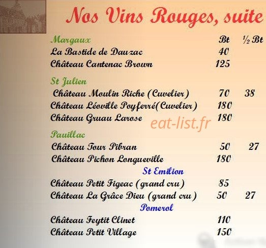 Carte et menu de Auberge du Tourlourou à Tremblay en France — Les vins rouges de Bordeaux AOC suite
