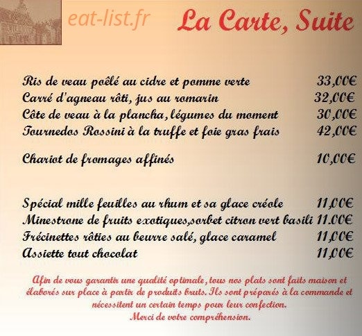 Carte et menu de Auberge du Tourlourou à Tremblay en France — Les viandes, fromages...