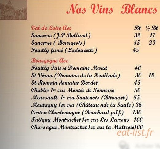 Carte et menu de Auberge du Tourlourou à Tremblay en France — Les vins blancs
