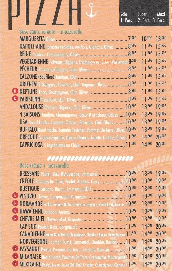 Cap Sud Pizza — carte page 2